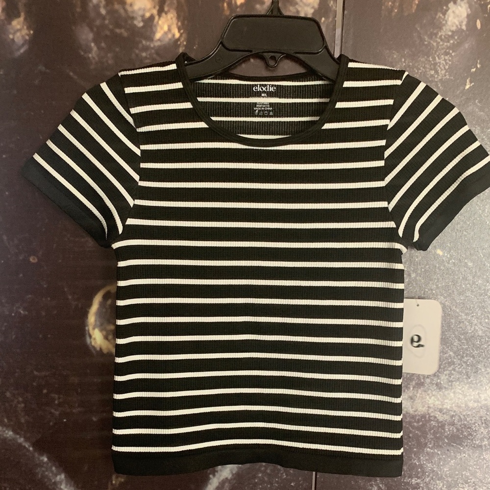 Elodie Black & White Striped Ribbed Short Sleeve Tee